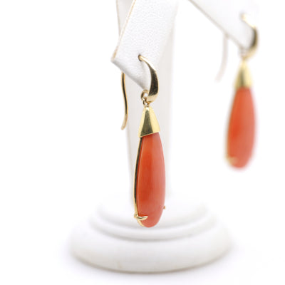 9ct Yellow Gold Teardrop Shaped Coral Earrings