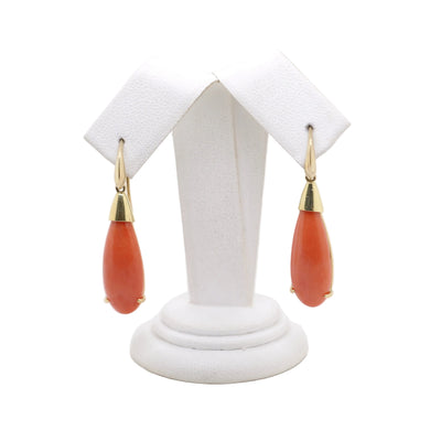 9ct Yellow Gold Teardrop Shaped Coral Earrings