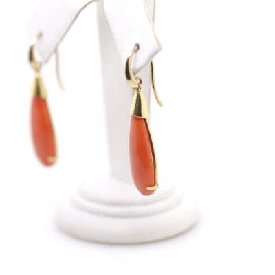 9ct Yellow Gold Teardrop Shaped Coral Earrings