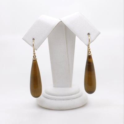 9ct Yellow Gold Teardrop Shaped Tiger Eye Shepherd Hook Earrings