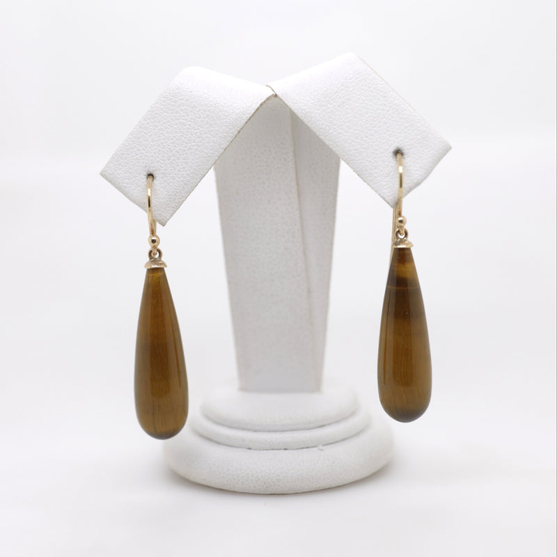 9ct Yellow Gold Teardrop Shaped Tiger Eye Shepherd Hook Earrings