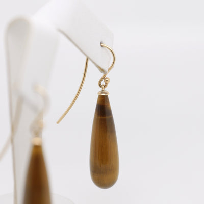 9ct Yellow Gold Teardrop Shaped Tiger Eye Shepherd Hook Earrings