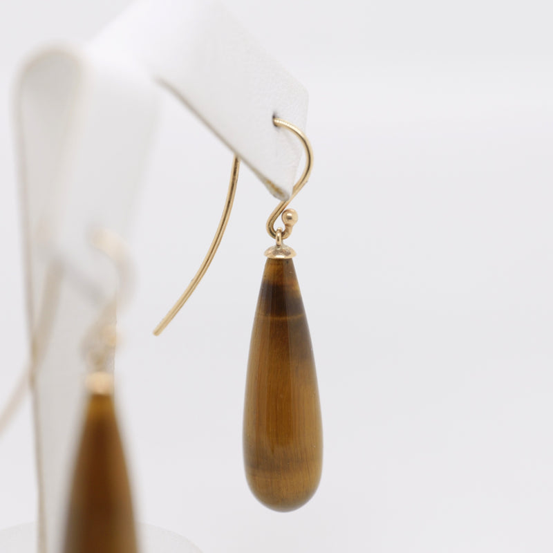 9ct Yellow Gold Teardrop Shaped Tiger Eye Shepherd Hook Earrings