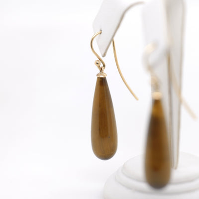 9ct Yellow Gold Teardrop Shaped Tiger Eye Shepherd Hook Earrings