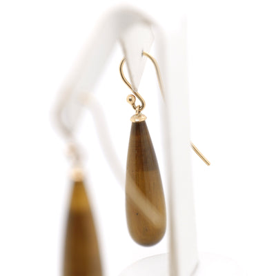 9ct Yellow Gold Teardrop Shaped Tiger Eye Shepherd Hook Earrings