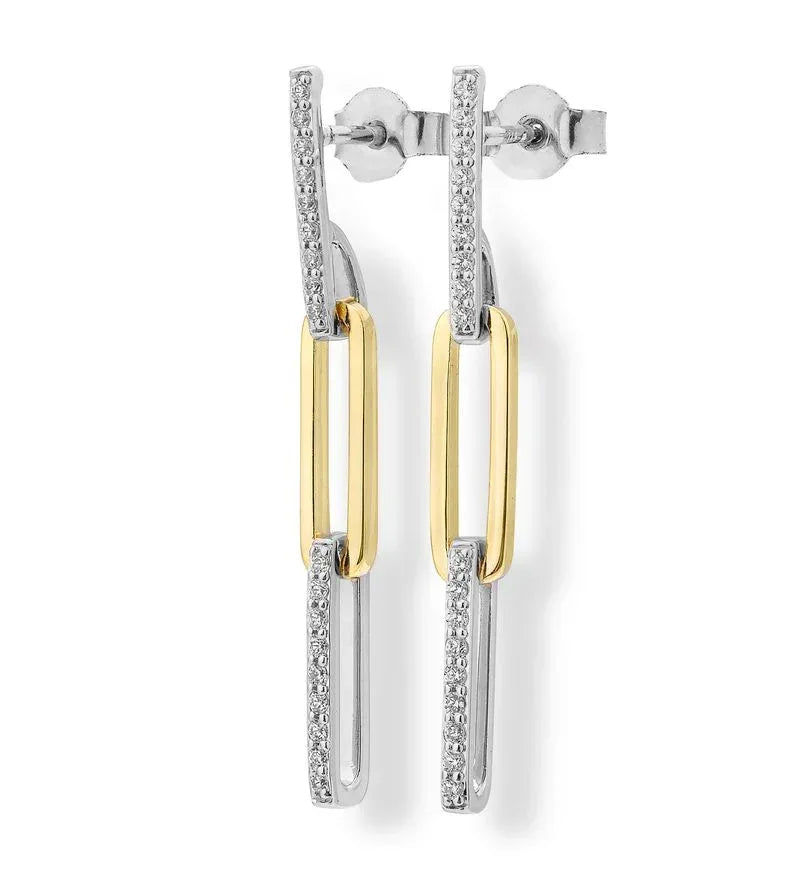 9ct Yellow and White Gold Diamond Paperclip Link Drop Stud Earrings