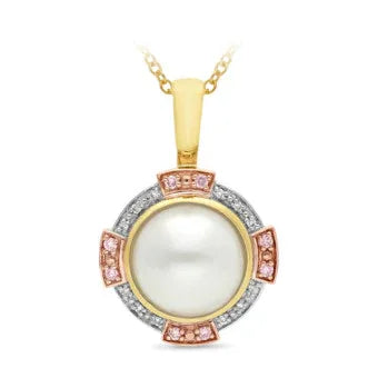 9ct Multi-Coloured Gold Mabe Pearl Pendant with Pink and White Diamonds