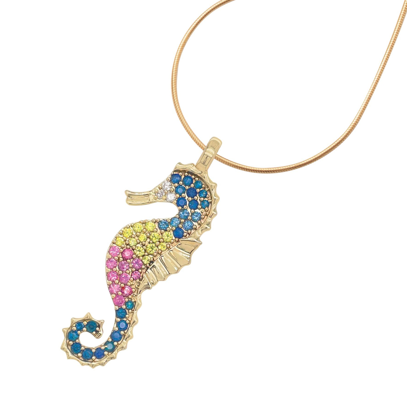 9ct Yellow Gold Blue, Yellow, Pink, Sapphire and Diamond Seahorse Pendant