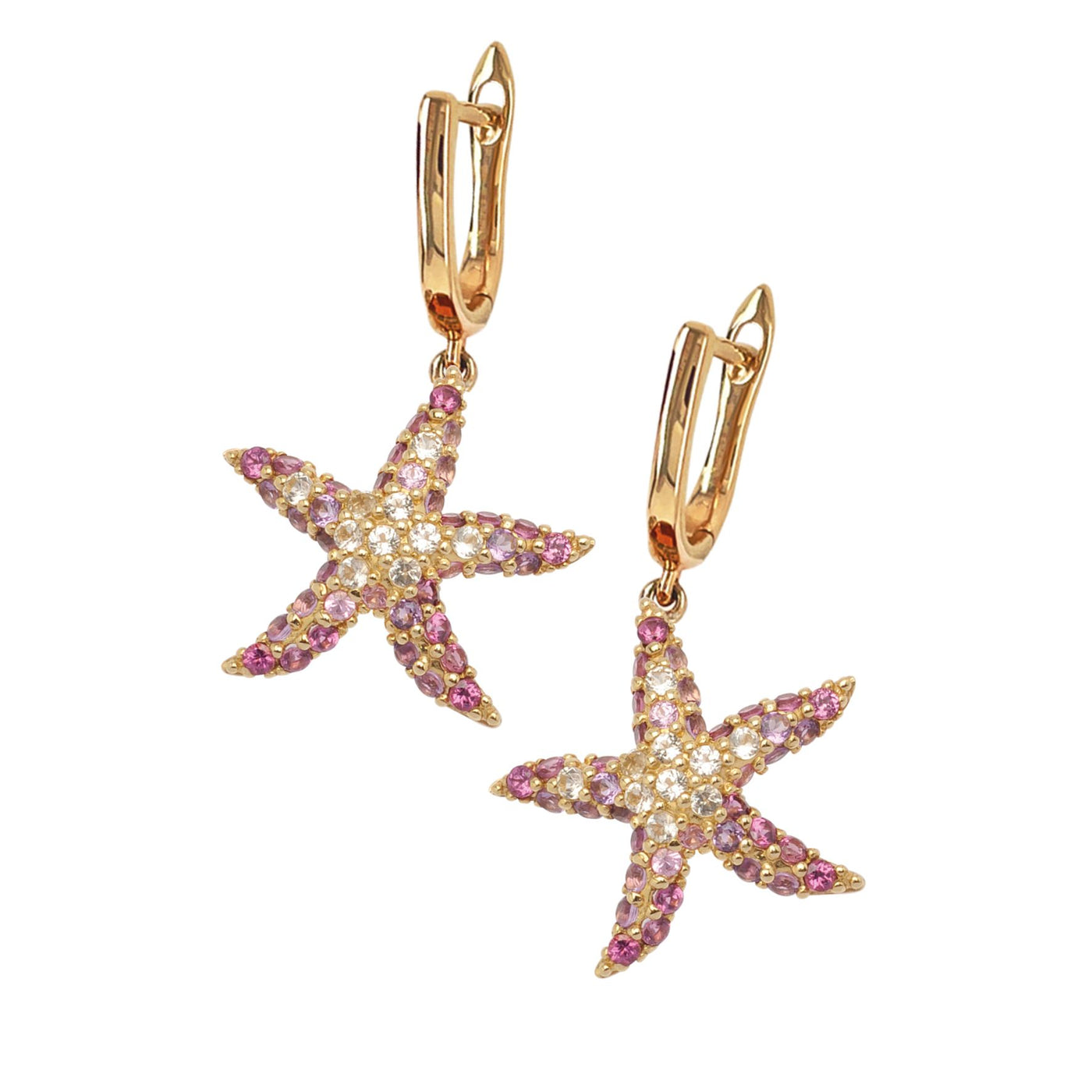 9ct Yellow Gold Starfish Earrings with Rhodolite Garnet, Amethyst, Pink Sapphire and White Topaz
